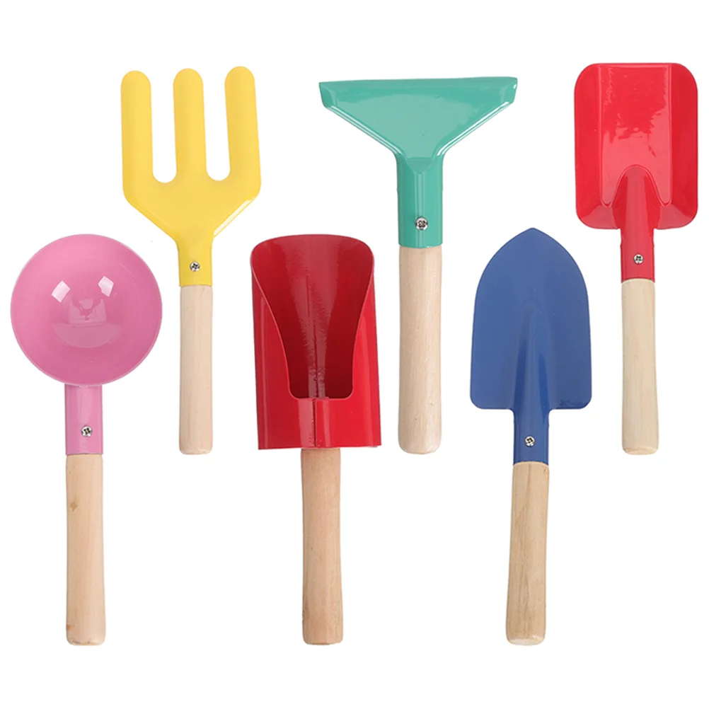 6 Pcs Toy Set Beach Child Kids Toy Metal Garden Tool Wooden Digging Shovels