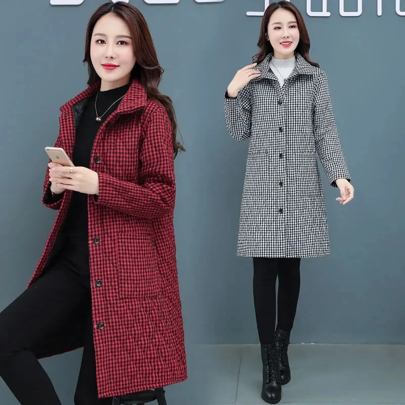 2023 Autumn/Winter New New Cotton Coat Slim Plaid Stand up Neck Fashionable Casual Cotton Clip Warm Coat Windbreaker for Women