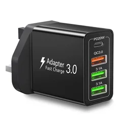 Ultra Fast 4 - Port USB Wall Charger with UK Plug, 40W PD & QC3.0 - UK Black
