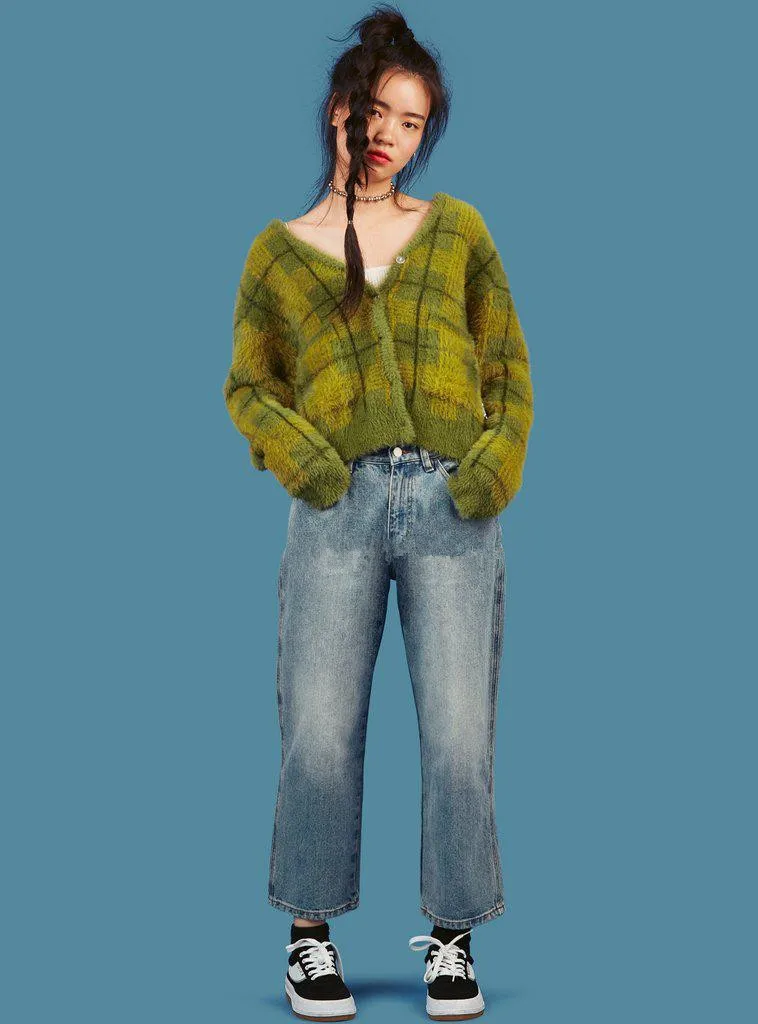 Green Plaid Cardigan Fuzzy Knit Front 