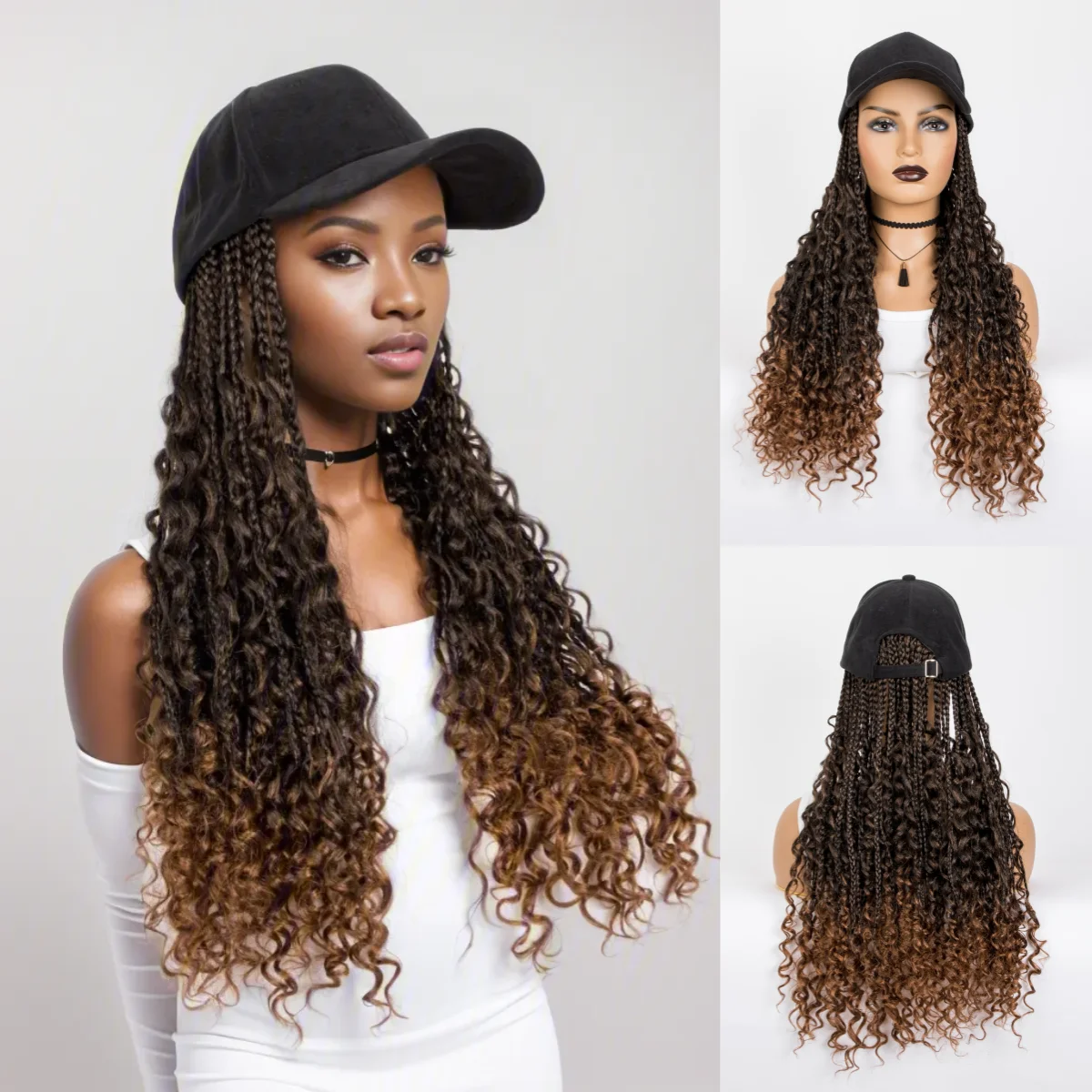 

Ombre Black Brown Boho Box Synthetic Braiding With Cap With 14“ 20“ Braids Hair Extensions Curly Ends With Adjustable Hat