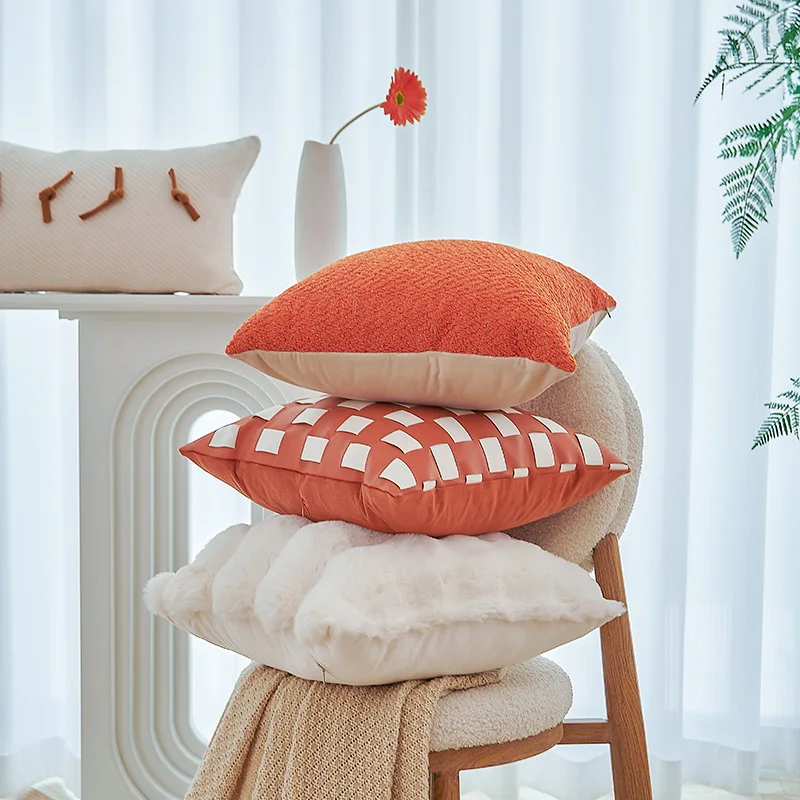 

Nordic Orange Light Luxury Cushion Cover PU Leather Patchwork Throw Pillow Covers Modern Living Room Decorative Pillows for Sofa