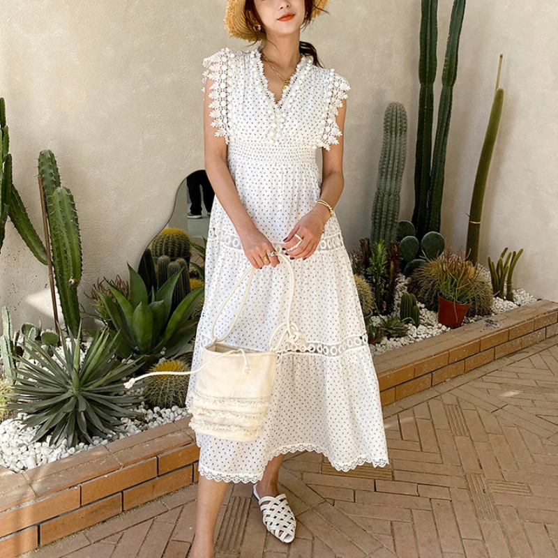 

TEELYNN Boho Summer Women's Dress White Hollow Out Lace V-neck Floral Print Elastic Waist Midi Dress Robe Femme 2022 Vestidos