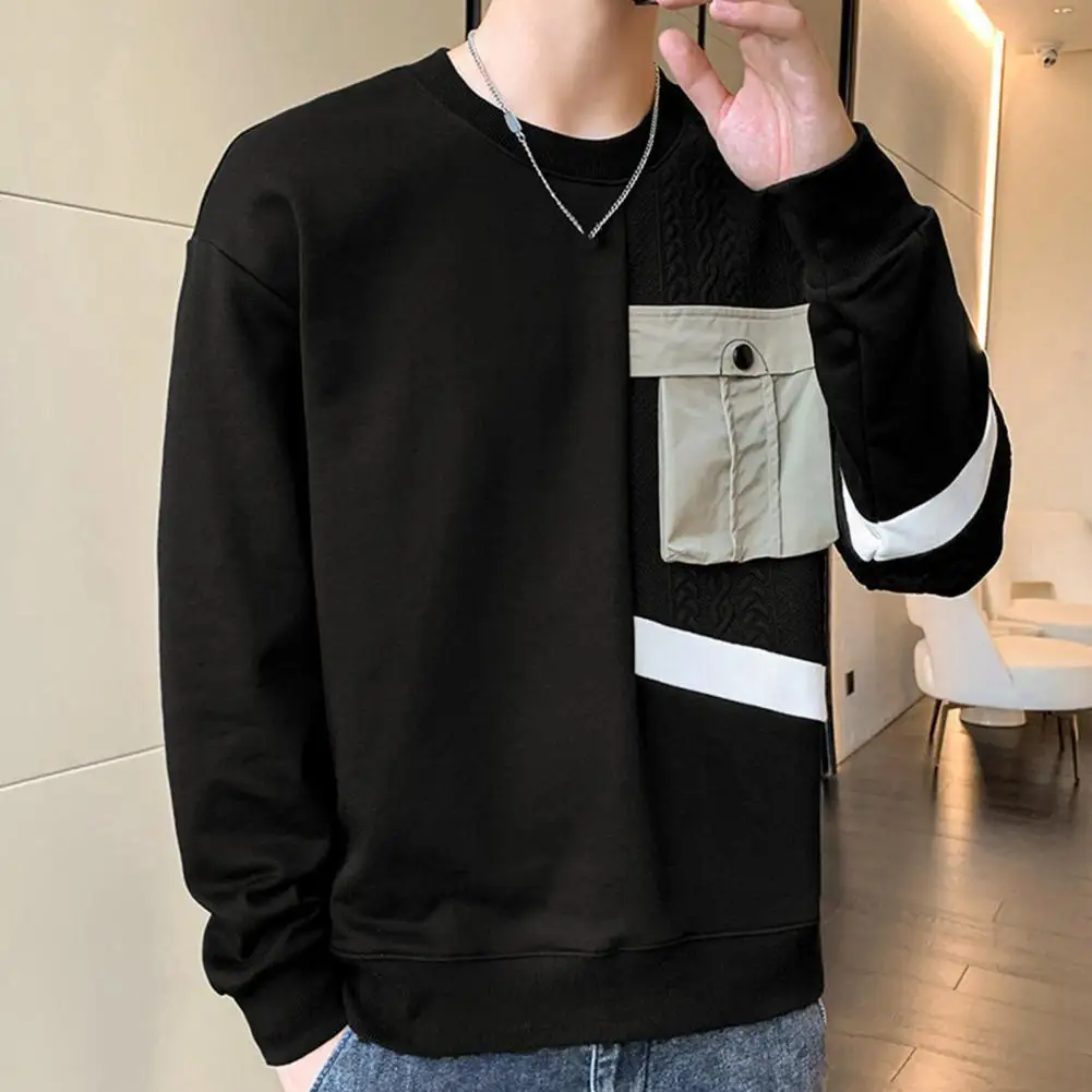 Description Picture 6 of itemLightweight Men Sweatshirt Men's Round Neck Applique Pocket Patchwork Sweatshirt Soft Breathable Long Sleeve Pullover for Fall
