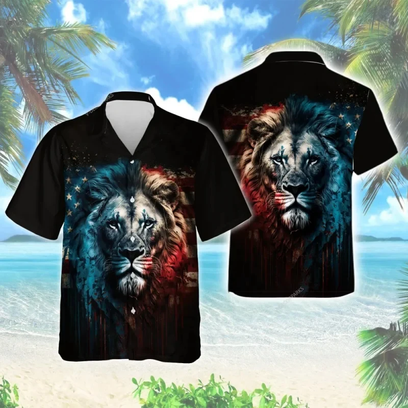 thumbnail image 1 of Camisas de verano de talla grande y gran tamaño para hombre, camisas de manga corta con solapa para fiesta hawaiana a la moda de Lion American para hombre, 1 of 5