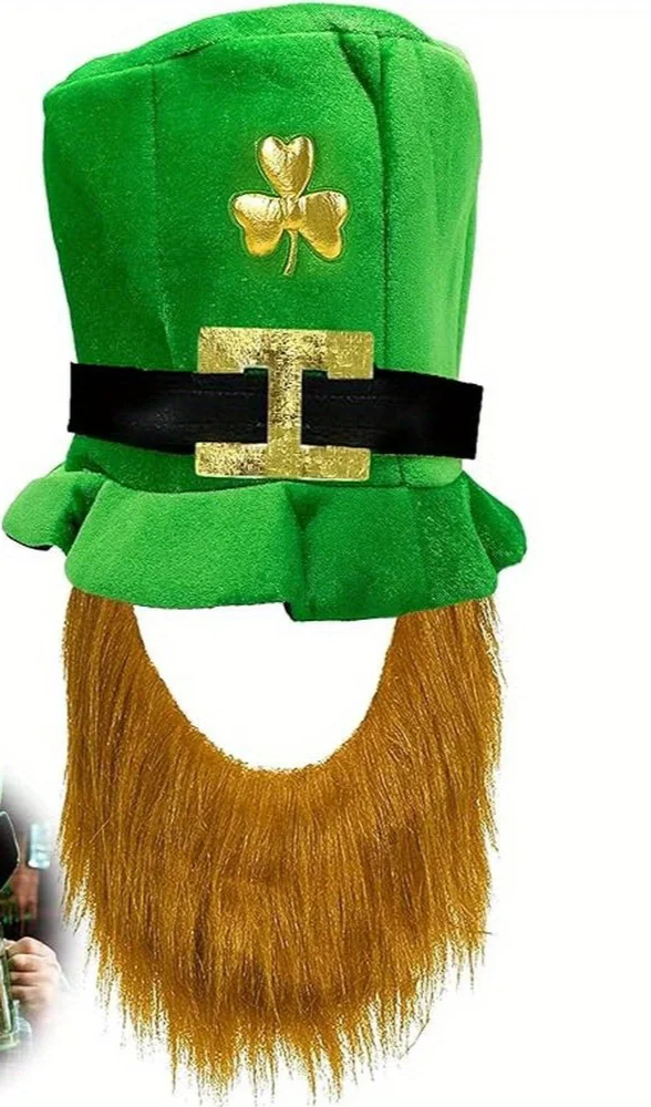 St. Patrick's Day Leprechaun Hat with Beard and Green Velvet Shamrock Hat Set