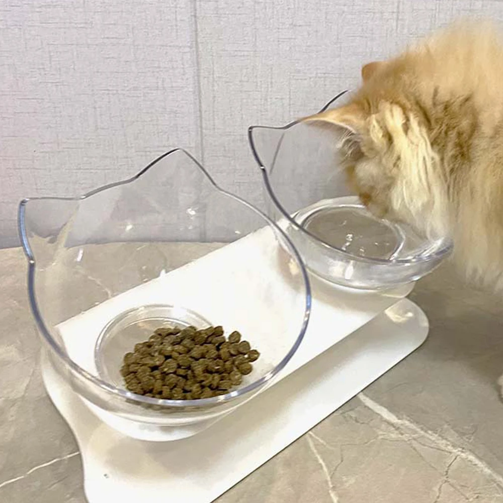 

Cat Bowl Double Bowl, Oblique Mouth, Transparent Double Bowl, Neck Protection, Inclined Cat Food Bowl, Non-Ceramic Pet Bowl