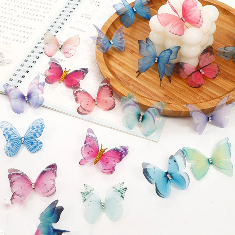 

100Pcs Double Dimensional With Diamond Simulation Printing Tulle Butterfly Clothes Decoration Bouquet Butterfly Accessories