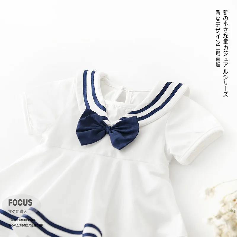 Nuova estate neonata body colletto blu scuro fiocco tinta unita maniche corte collo marinaio tuta infantile abbigliamento neonato H02101 - immagine 3