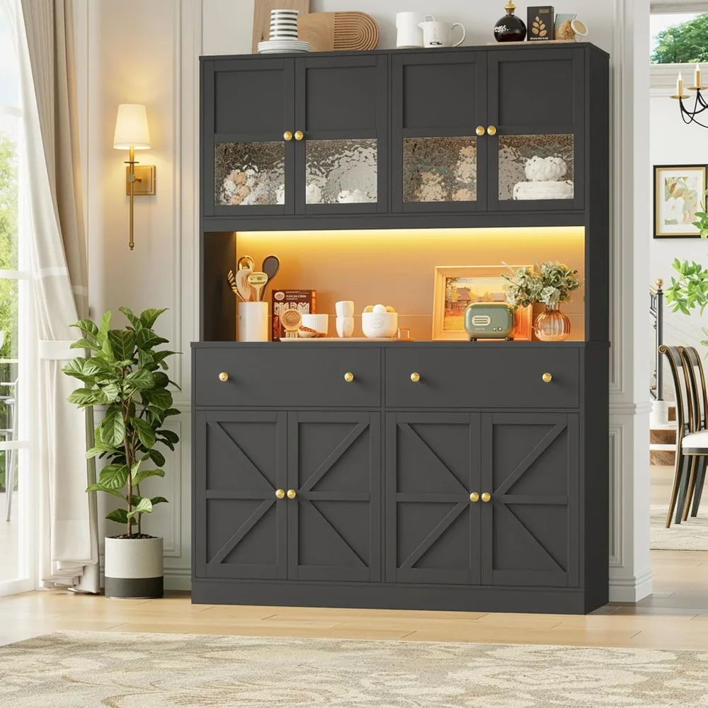 71" Pantry Cabinet with LED Light and Charging Station, Farmhouse Kitchen Pantry Cabinet with Microwave Stand, Customized 2