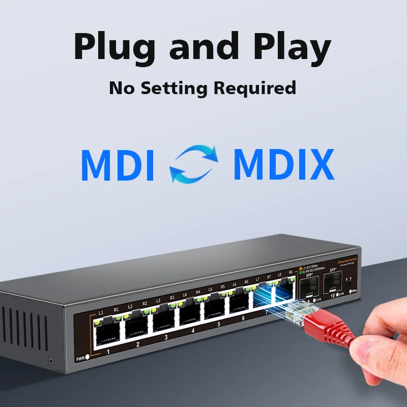 Hisource 2.5G 비POE 네트워크 스위치 8포트 이더넷 스위치 (2개의 10G SFP+ 포트 포함, IP 카메라/NVR용)