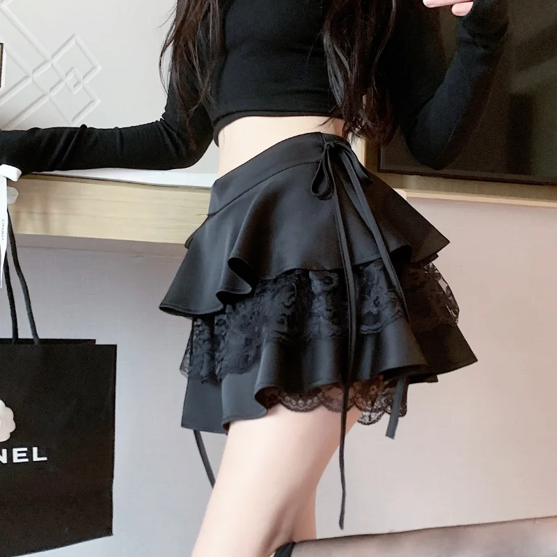 Gothic Sexy Ruffle Tiered Skirts Women Cute Lolita Style Lace Cake Skirt Girl Kawaii Clothes High Waist Solid A-Line Mini Skirt 5