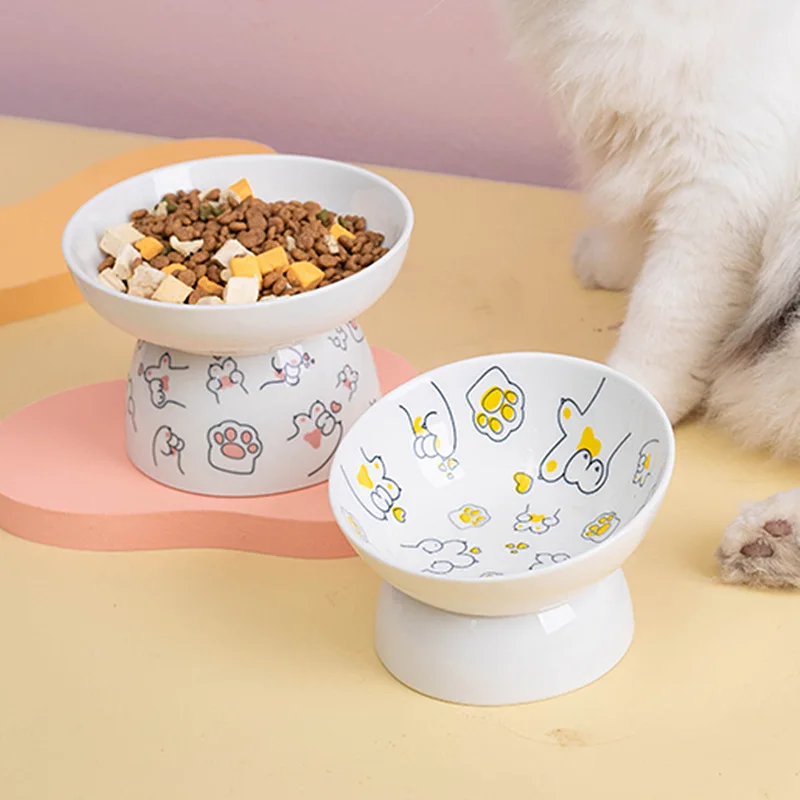 

Cartoon Cat Bowl Ceramic Cat Food Bowl Protects Cervical Vertebra Oblique Mouth Pet High Foot Bowl Cat Water Bowl Dog Food Bowl
