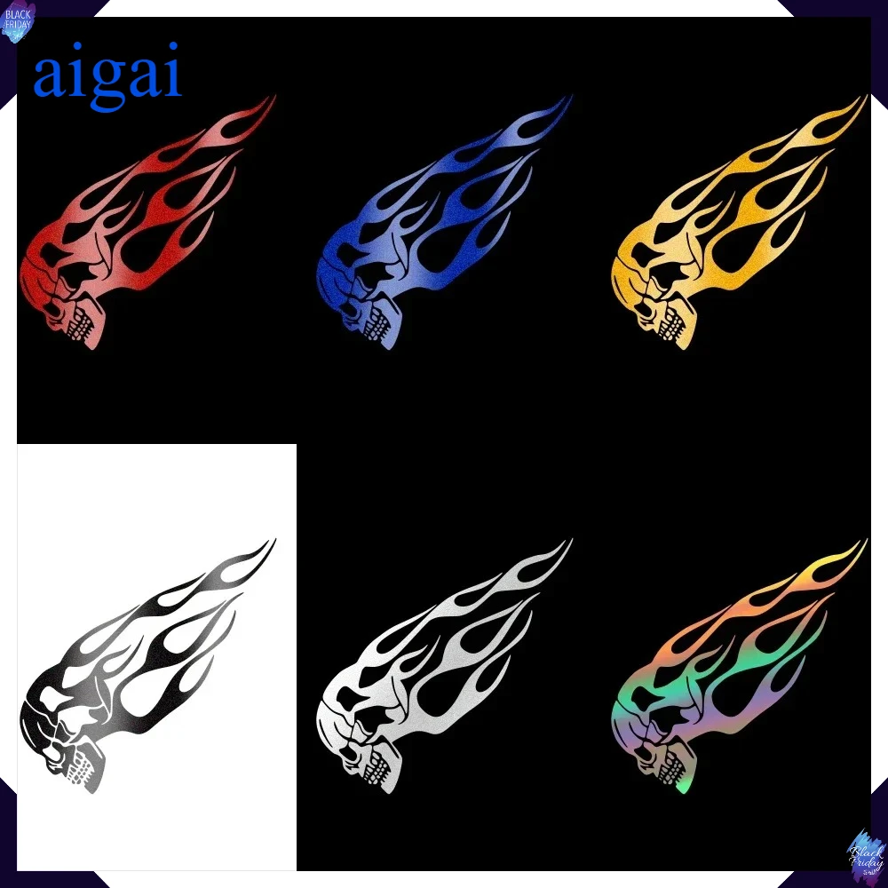 Flame Skull Reflective Motorcycle Tank Decal Stickers - Waterproof Decorative Accessories (Set of 2)