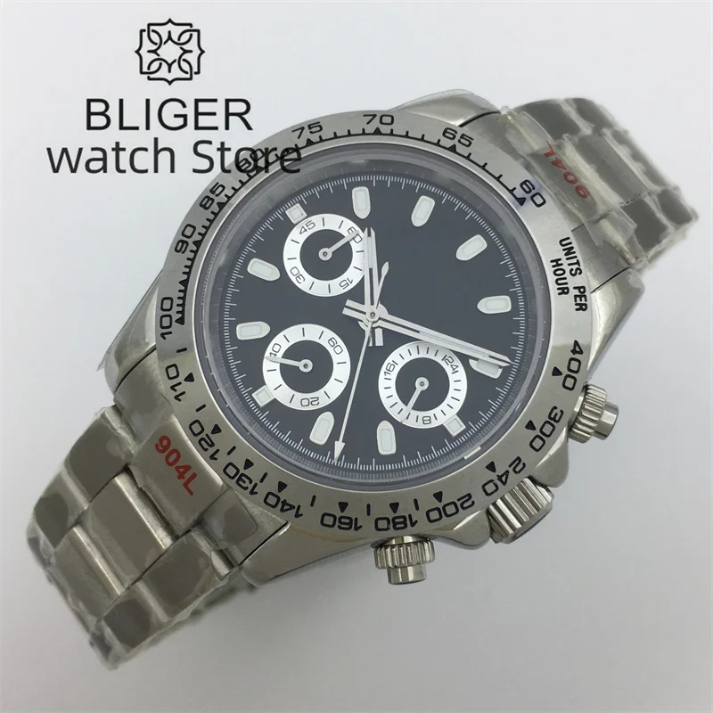 Bliger39mm quartz men's watch VK63 movement motion multifunctional time meter commercial sapphire Black white dial luminous inde