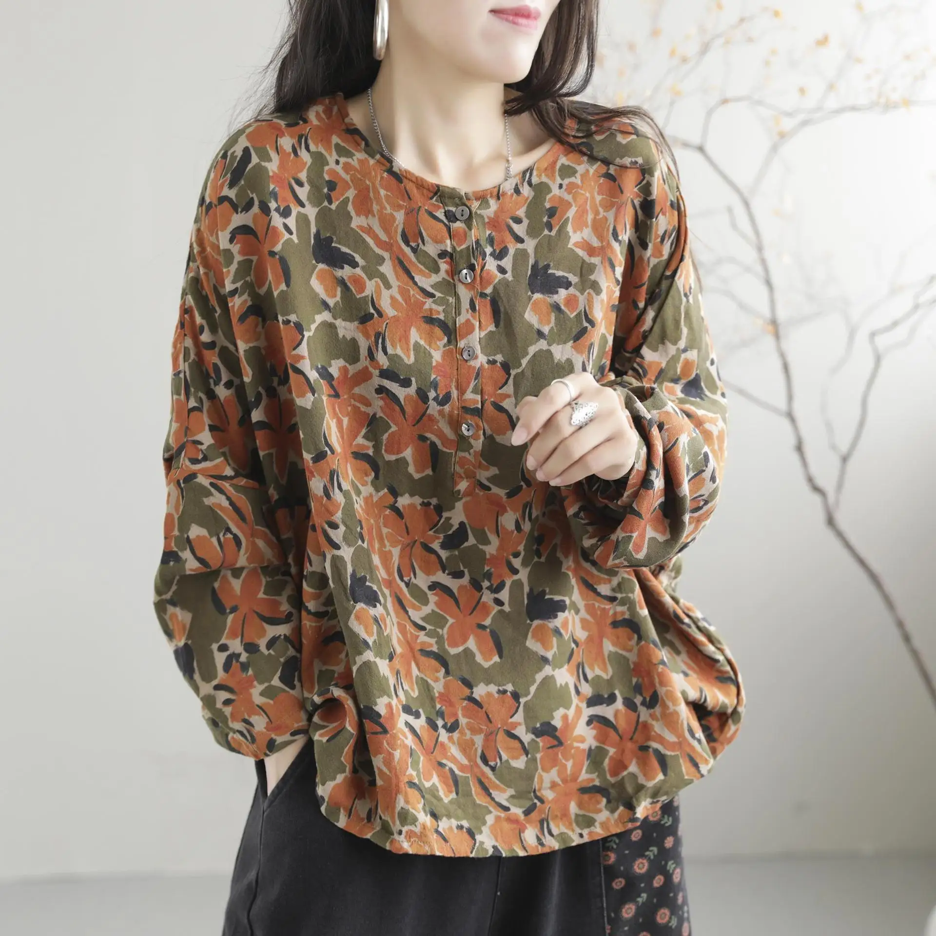 

Autumn Blouses Women Vintage Loose Printed Clothing Female Long Sleeve Shirts