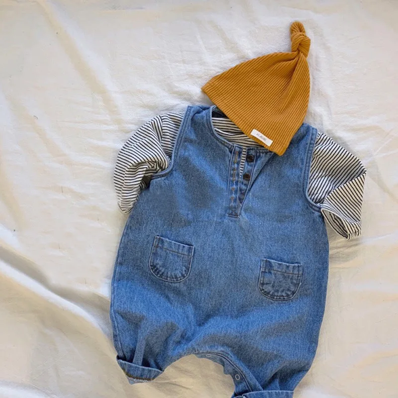 

Spring Autumn Baby Girls Boys Striped Top Tees+Denim One-Piece Coverall Toddler Cotton 2-Piece Outfit Bodysuits Sets 0-36 Months