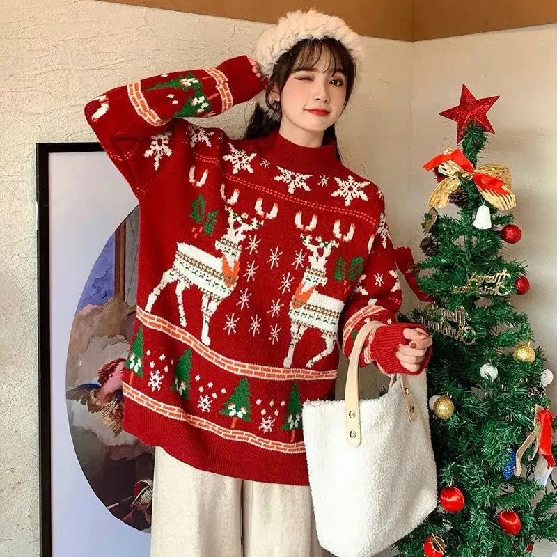 

Рождественские праздничные свитера с принтом снежинок, женские зимние свитера в Корейском стиле Y2k, модная уличная одежда в стиле Харадзюку, женская Свободная трикотажная одежда