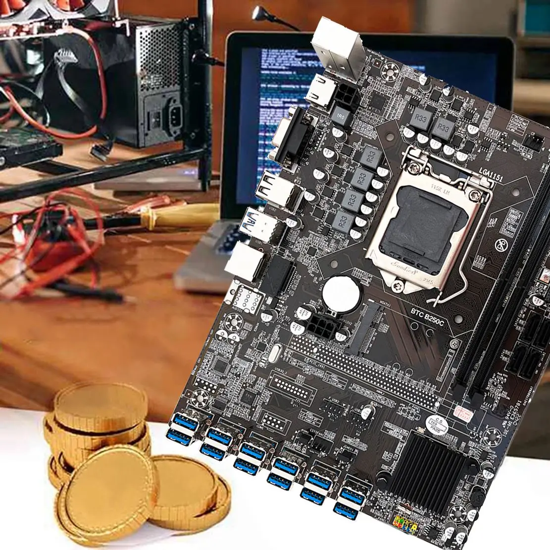 B250C BTC Mining MotherboardG3900 CPU+Thermal Pad+Fan+Screwdriver 12 USB3.0 Slots LGA1151 DDR4 RAM SATA3.0+MSATA