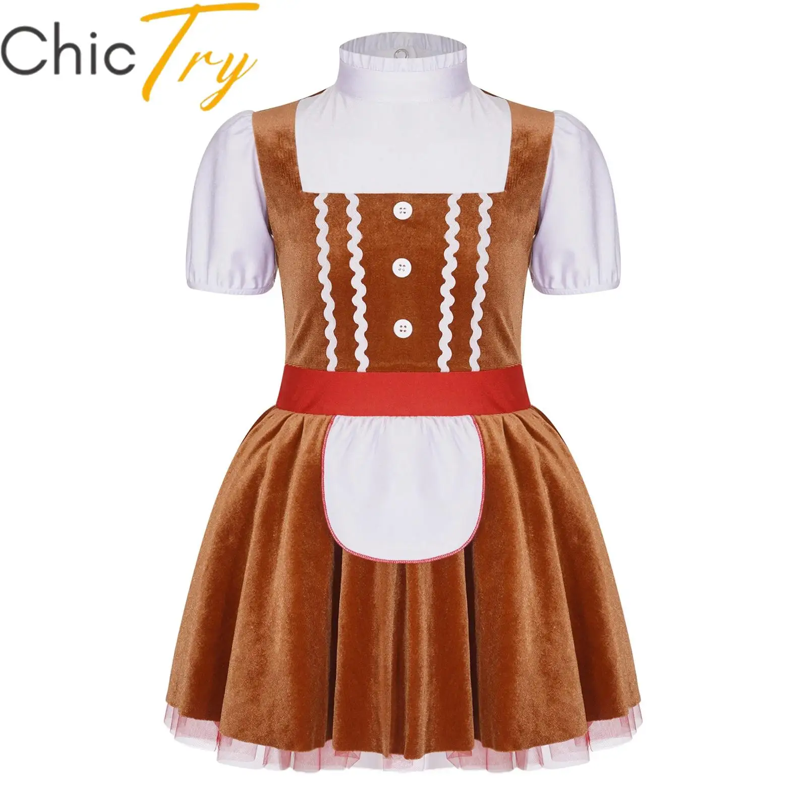 

Kids Girls Christmas Gingerbread Man Costume Velvet Tutu Dress Xmas New Year Carnival Party Dress Up Oktoberfest Dress Up Outfit