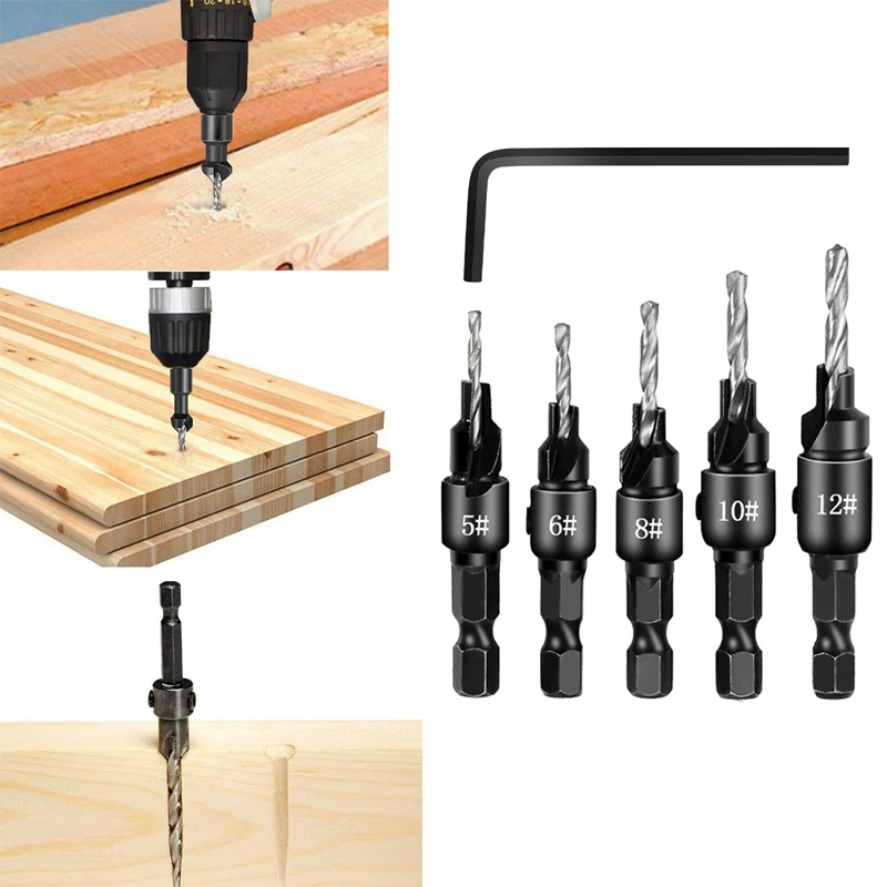 

4/5pcs Countersink Drill Woodworking Drill Bit Set Drilling Pilot Holes For Screw Sizes #5 #6 #8 #10 #12 With a Wrench Tools