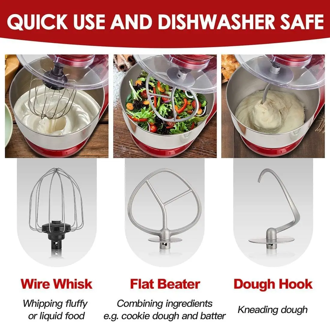 6 Speed Dough Mixer Metal Lid with Stainless Steel Bowl, Tilt-head Kitchen Mixer with Wire Whisk, Dough Hook, Flat Beater 4