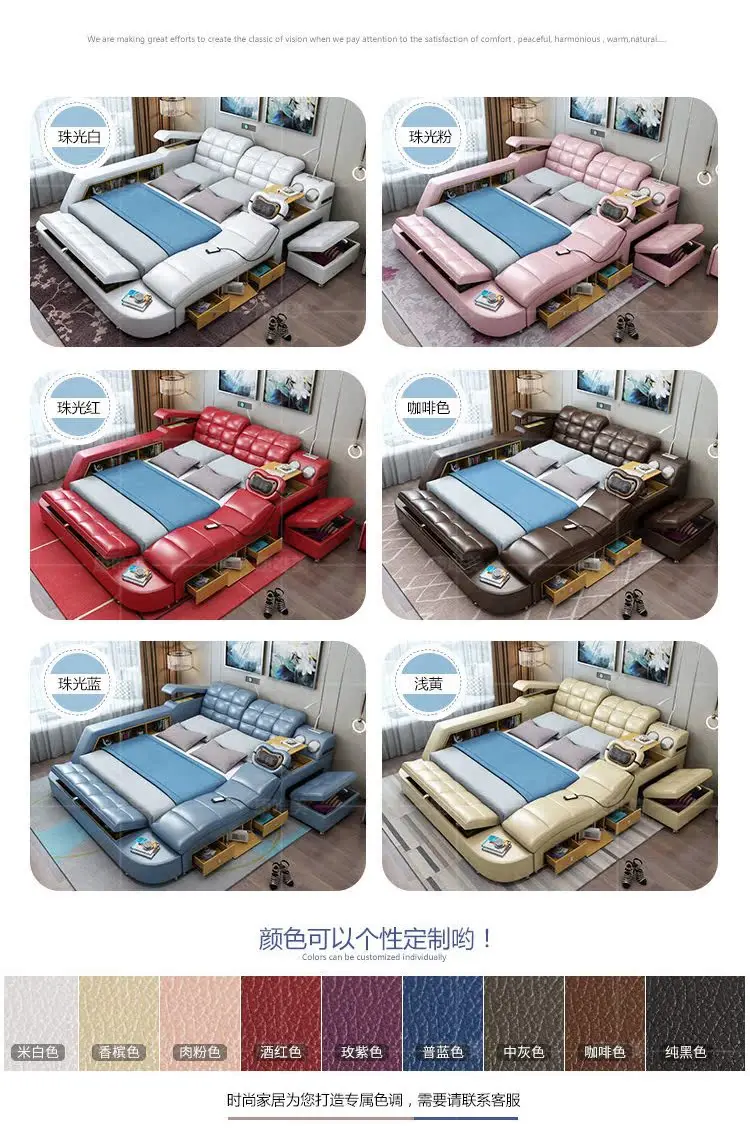 European King Double Bed Wood Queen Headrest Multifunctional Double Bed Twin Smart Luzko Wielofunkcyjne Furniture For Bedroom
