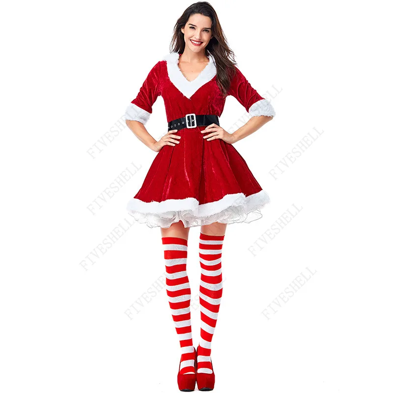 

2023 Sexy V Neck Red Velvet Dress With Belt Christmas Santa Claus Costume For Women Adult Fancy Cosplay Costumes