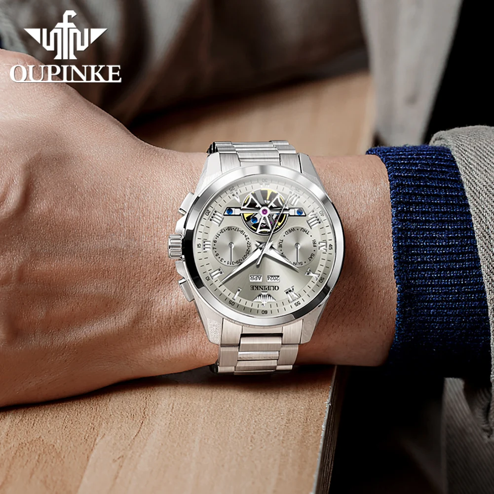 OUPINKE 3281 Watch For Men Top Brand Fashion Hollow Automatic Dress Wristwatch Week Date Display Waterproof Mechanical Man Watch