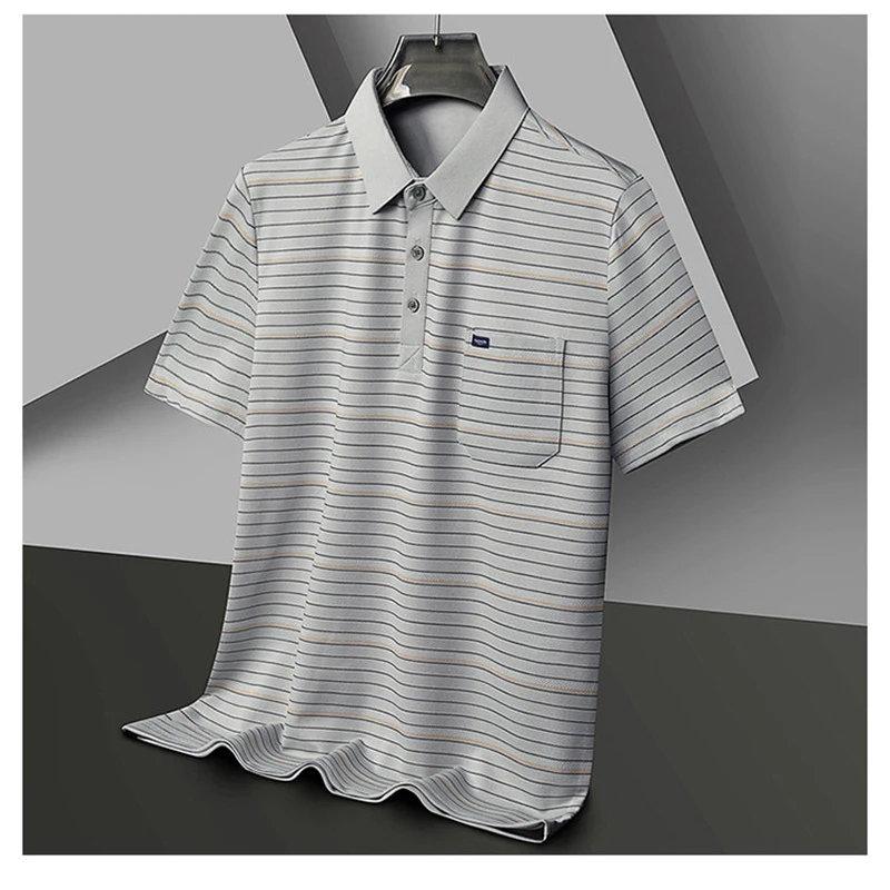 Summer Short Sleeve Men's Polo Shirt Striped Casual Chest Pocket Design Man Polos T-shirt Business Golf Clothing Top Quality
