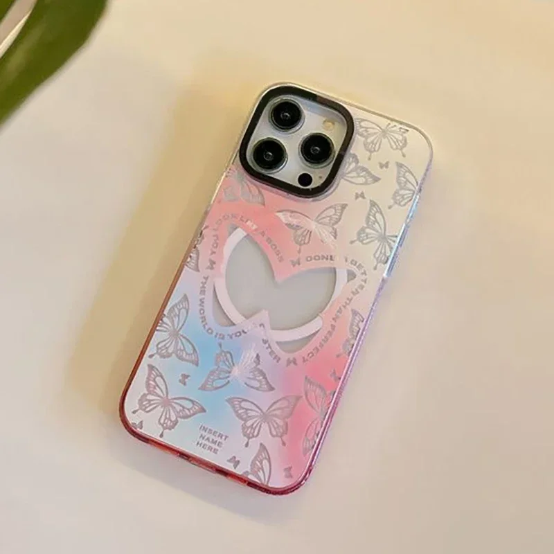 Butterfly Pink Gradient Transparent Border iPhone 13 14 15 Pro Max Case with MagSafe