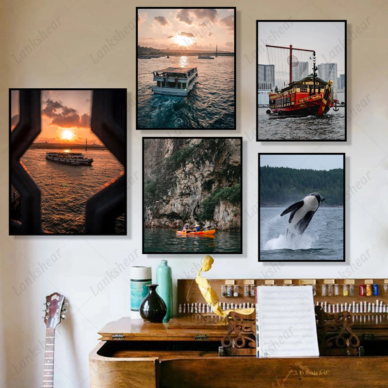 

Landscape Travel Poster Ferry Boat Sailing On Sunset Sea Canvas Painting Modular Print Pictures Wall Art Cute Dolphin Home Decor