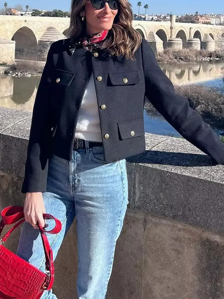 HH Women Elegant Cropped Jacket 2025 Women's Fashion Jacket O-Neck Long Sleeved Flip Pocket Coat Female Casual Outwear Tops