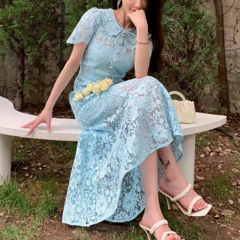 

2023 New Blue Lace Hollow High Waist Short-sleeved Women Doll Collar Dress