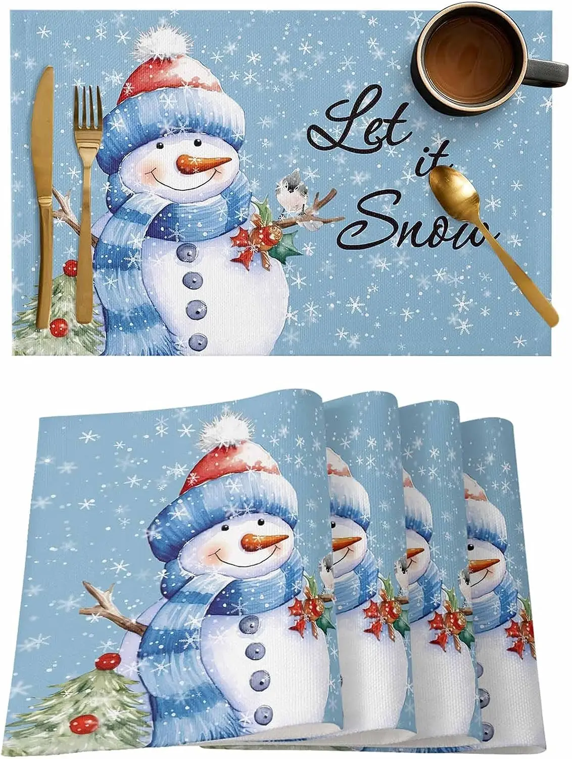 

Blue Christmas Placemats Set of 4 Snowman with Bird White Snowflake Winter Blue Place Mats for Dining Room Dinner Table Washable