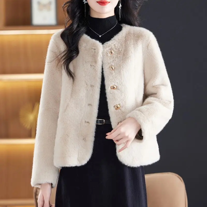 دافئ قصير جولة الرقبة معطف فرو المنك اللون الأبيض  الخريف الشتاء وصول جديد أنيقة سيدة نمط معطف الشعر الاصطناعي للنساء