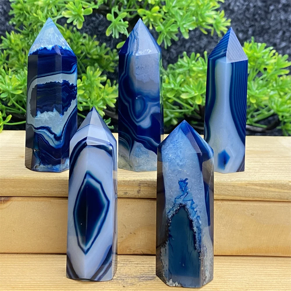 

Natural Stone Blue Silk Lace Pattern Agate Crystal Tower Home Decoration Wand Reiki Healing Meditation Chakra Healing Gemstones