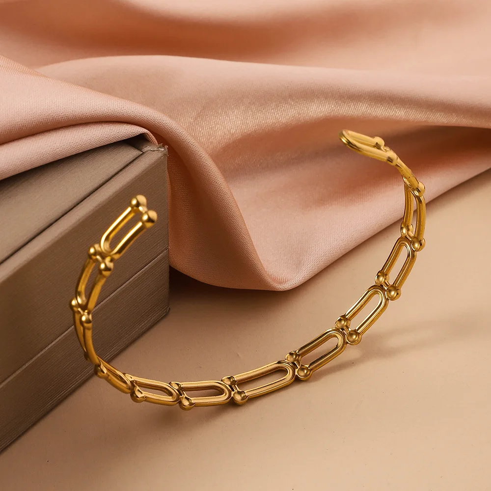 Women's Stainless Steel Opening Bangle Bracelet, Personalized Simple Hollow Gold Color Metal Bracelet, Party Jewelry Accessories 6