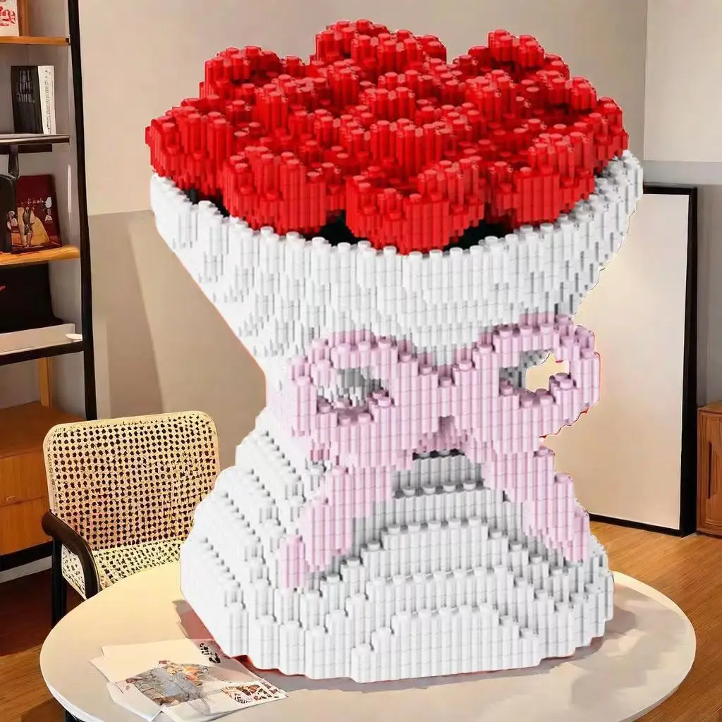 Romantic Valentine's Day Gift Red Rose Bouquet Small Particles Building Block Puzzle Boy Girl Series