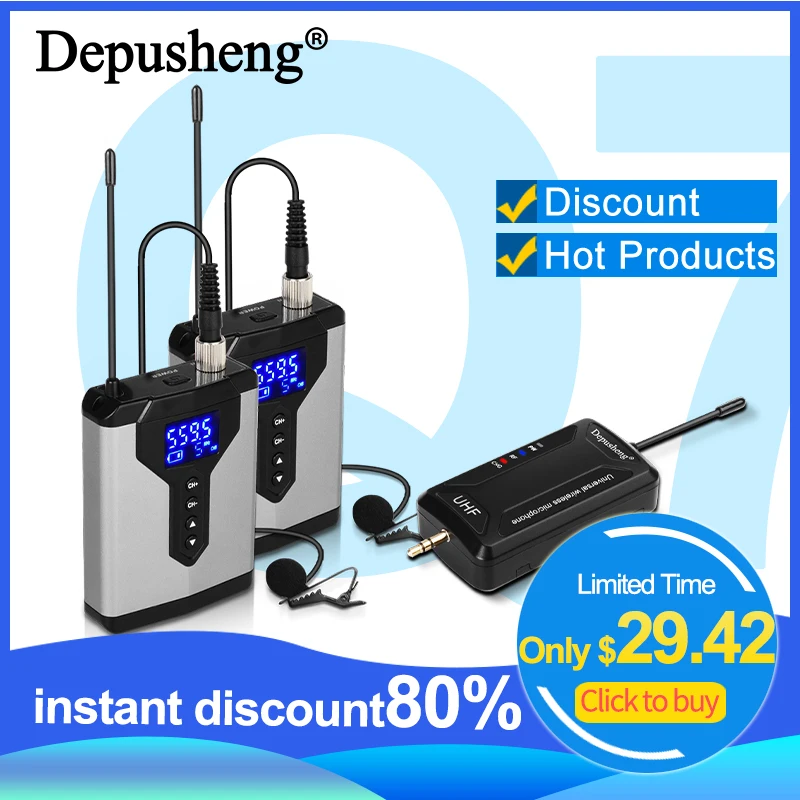 Depusheng-wireless Lavalier Lapel Microfone System q6 q7 Uhf Mini Head Wear Mic Transmissor Bodypack para Professor Repórter