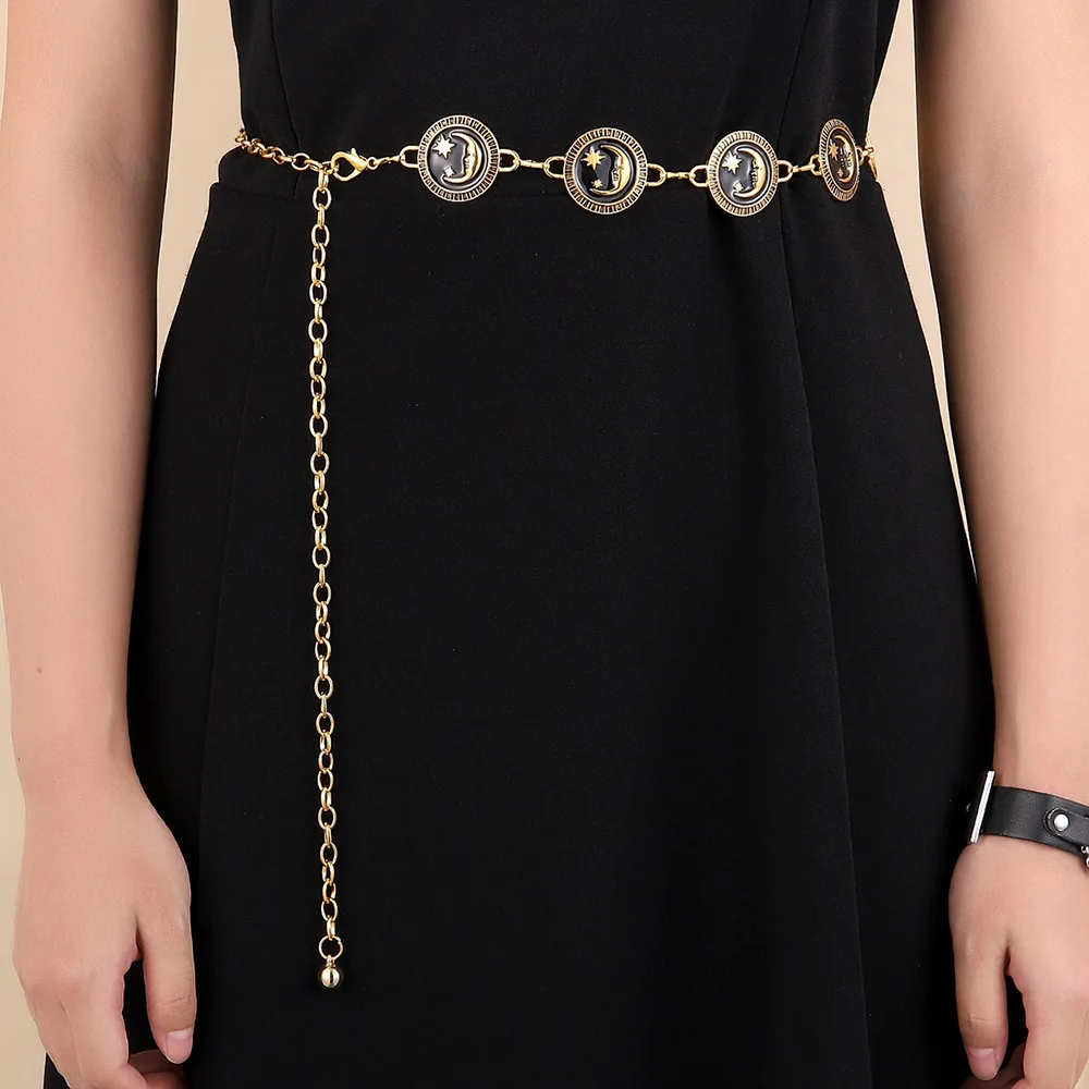 Women Waist Chain Belt for Dress Skirt Belts with Moon Star Body Waistbands Luxury Fashion Ladies Chain Cloth Accessories