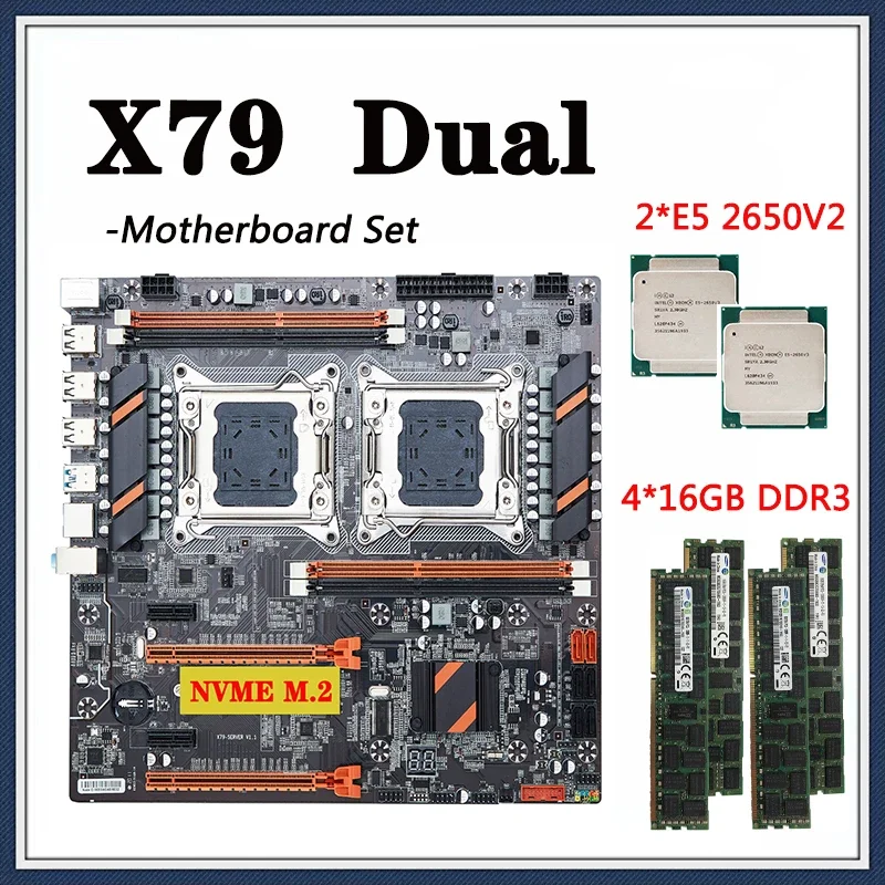 X79 마더보드 세트 듀얼 CPU, 2 * E5 2650V2 프로세서, LGA 2011, 4*16GB = 64GB, 1600Mhz DDR3 RAM 지지대, USB3.0 Sata3.0 PCI-E 3.0 