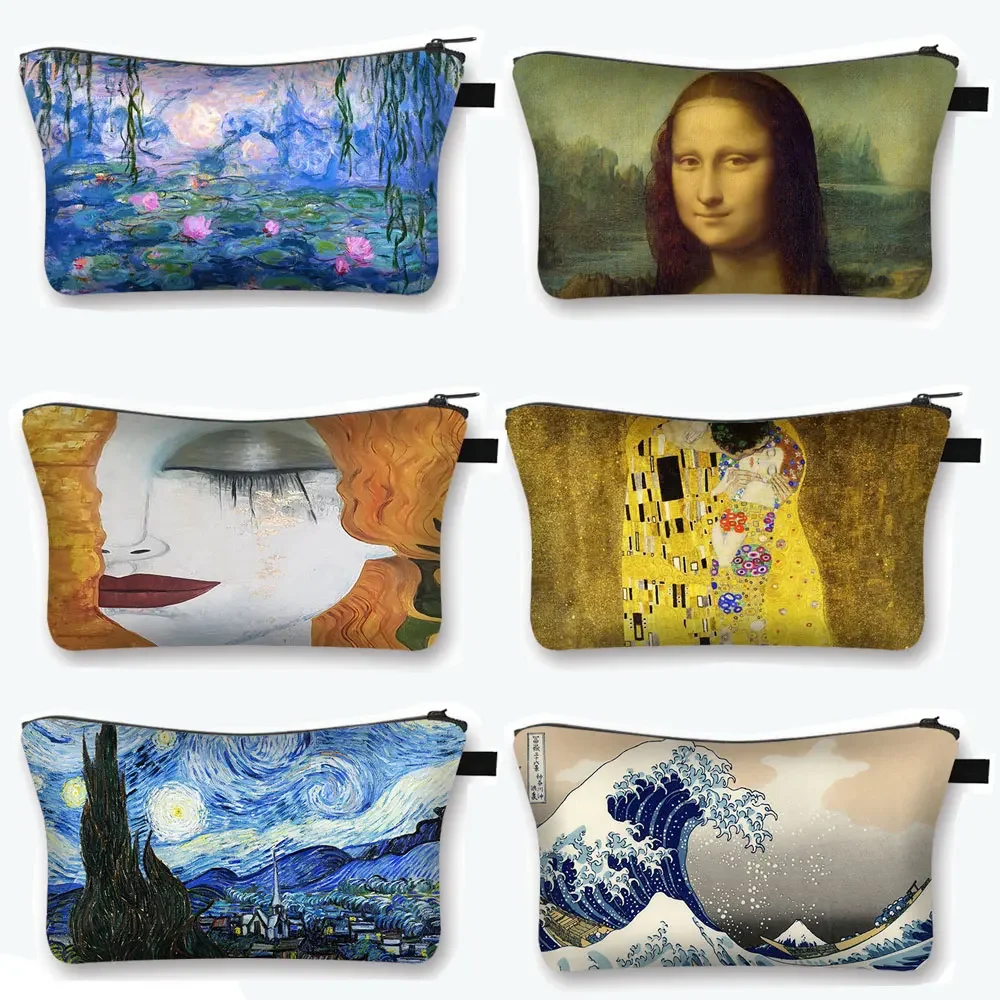Starry Night Kiss Waterlily Painting Cosmetic Bag Van Gogh Gustav Klimt Monet Women Makeup Bag Ladies Cosmetic Case cosmetic bag cosmetic storage bag makeup bag cosmetic case