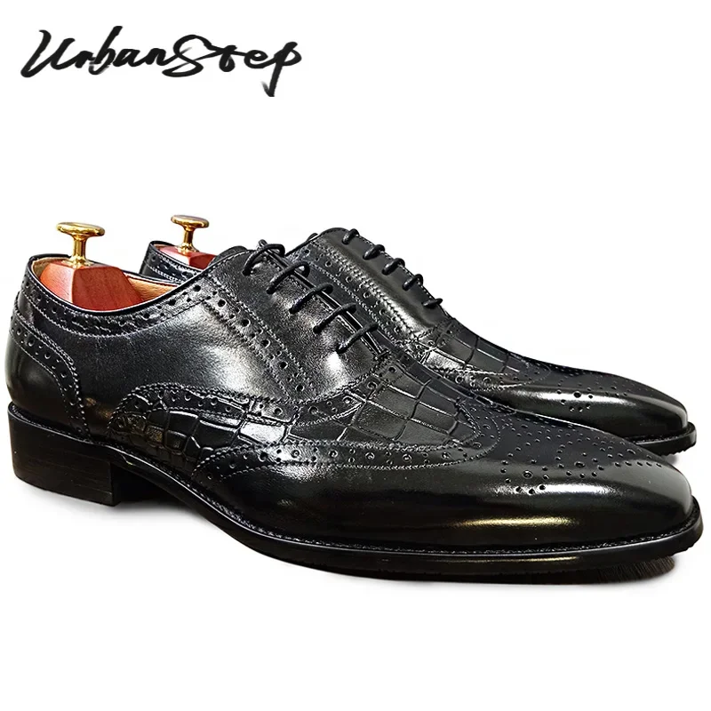 

Luxury Men Oxford Shoes Lace up Pointed Burgundy Black Printed Casual Mens Dress Shoes Wedding Office Leather Shoes Men