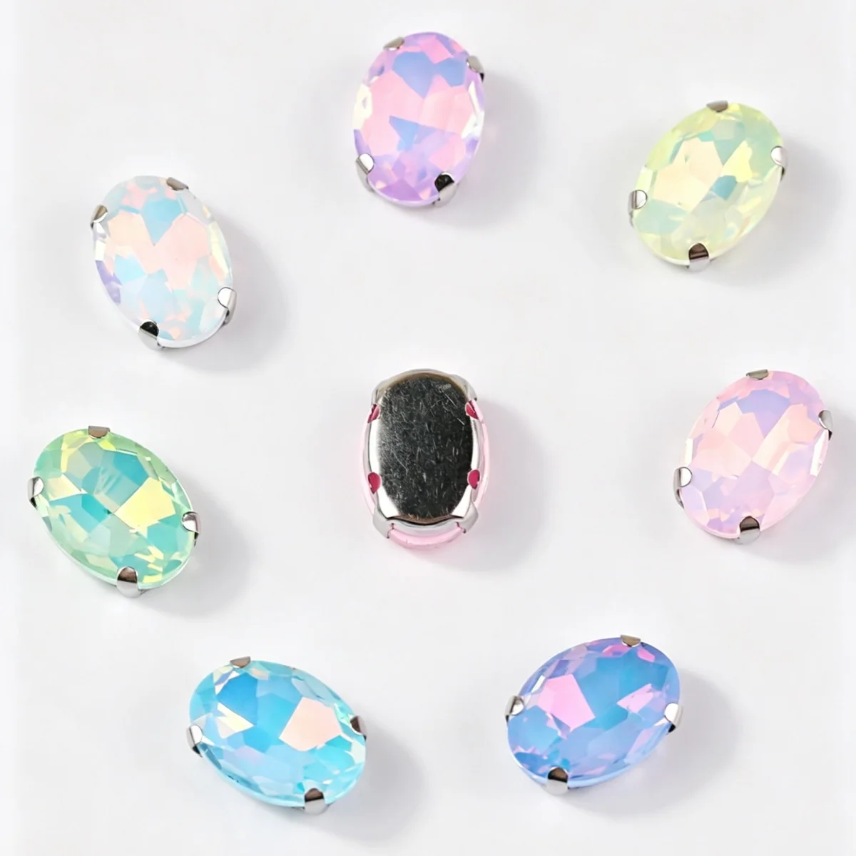 Ovale Form, Opalfarben, Glaskristall, Silber, Metallkrallenfassungen, 10 x 14 mm, 13 x 18 mm, zum Aufnähen von Strass, für Kleidungsstücke, DIY-Besatz