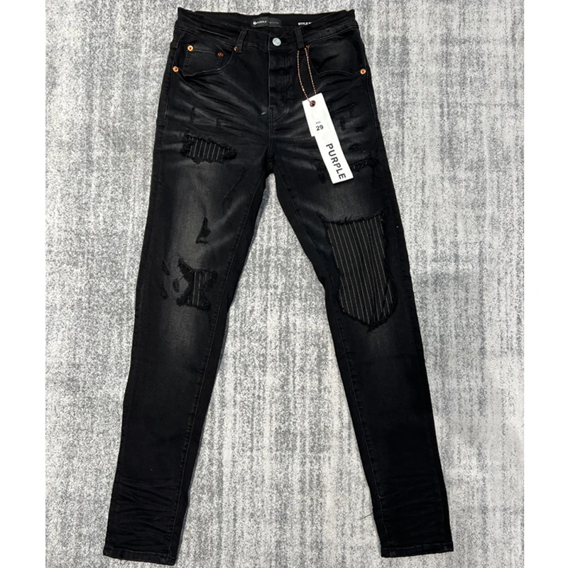 

Europe America High Street Trend Purple Brand Jeans Black Ripped Patch Slim-fit Pants Men Stretch Denim Trousers