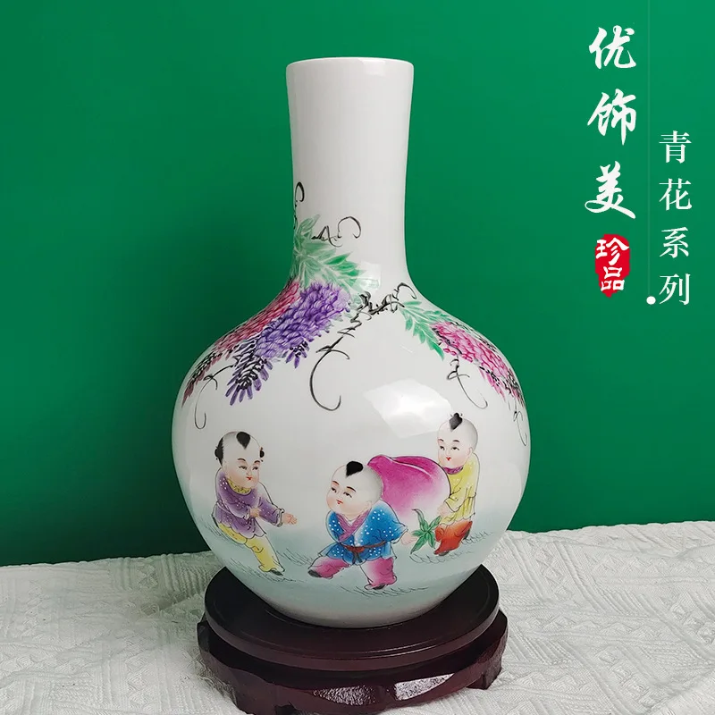 

Jingdezhen Ceramics Child Longevity Peach Egg-Shell Porcelain Vase Flower Arrangement Decoration Home Living Room Curio Shelves