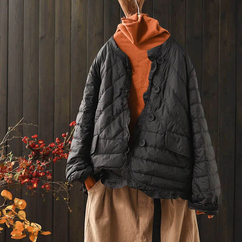 Ruffles Bigsize Down Jacket 2023 Autumn Winter Women Warm Light White Duck Down Coat Ladies Casual Puffer Parkas Short Outwears