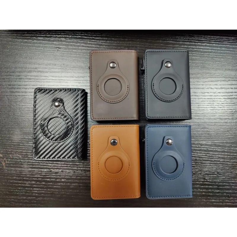 CASEKEY Men Cow Leather Smart Airtag Wallet RFID Crazy Horse Premium Leather Magnetic Closure Pop Up Credit Air Tag Card Holder