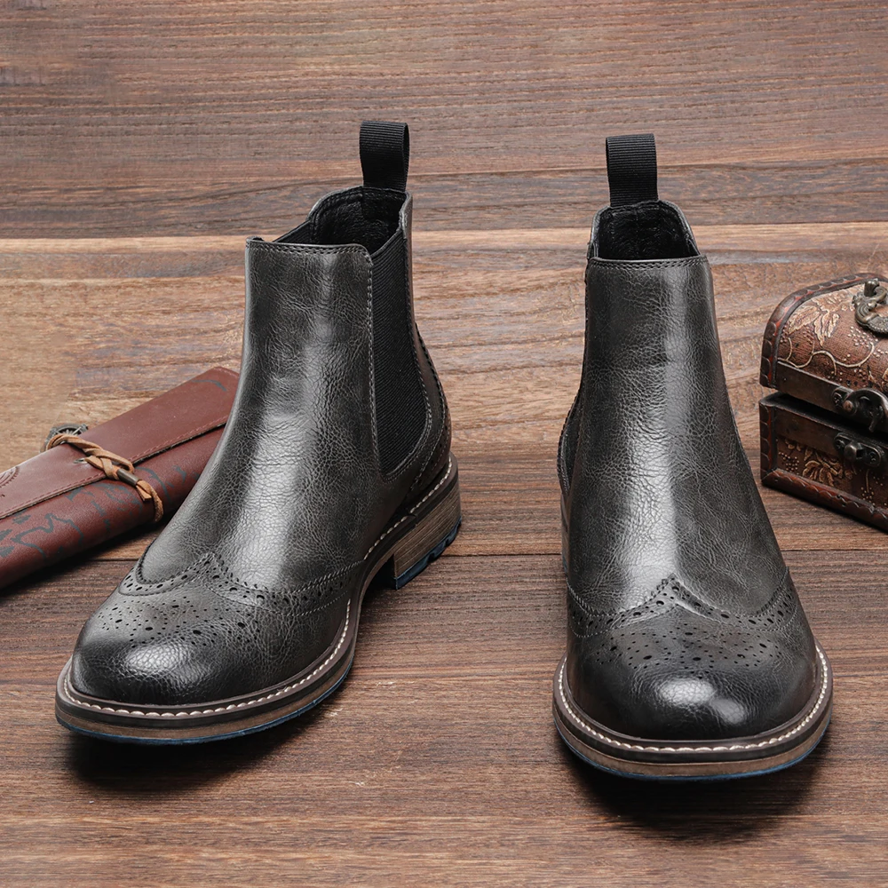 Grey Men Chelsea Boots Fashion Retro Men Leather Boots Brogue Ankle chelsea boots,men leather boots